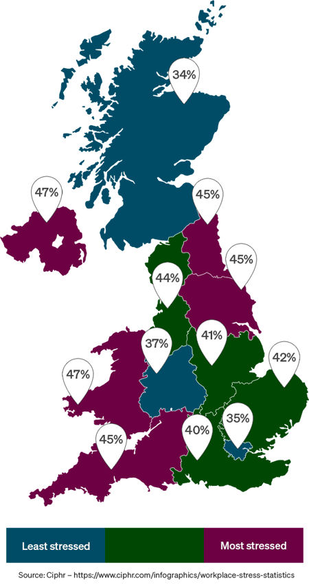 Where in the UK are people the most stressed due to tiredness and lack of sleep?