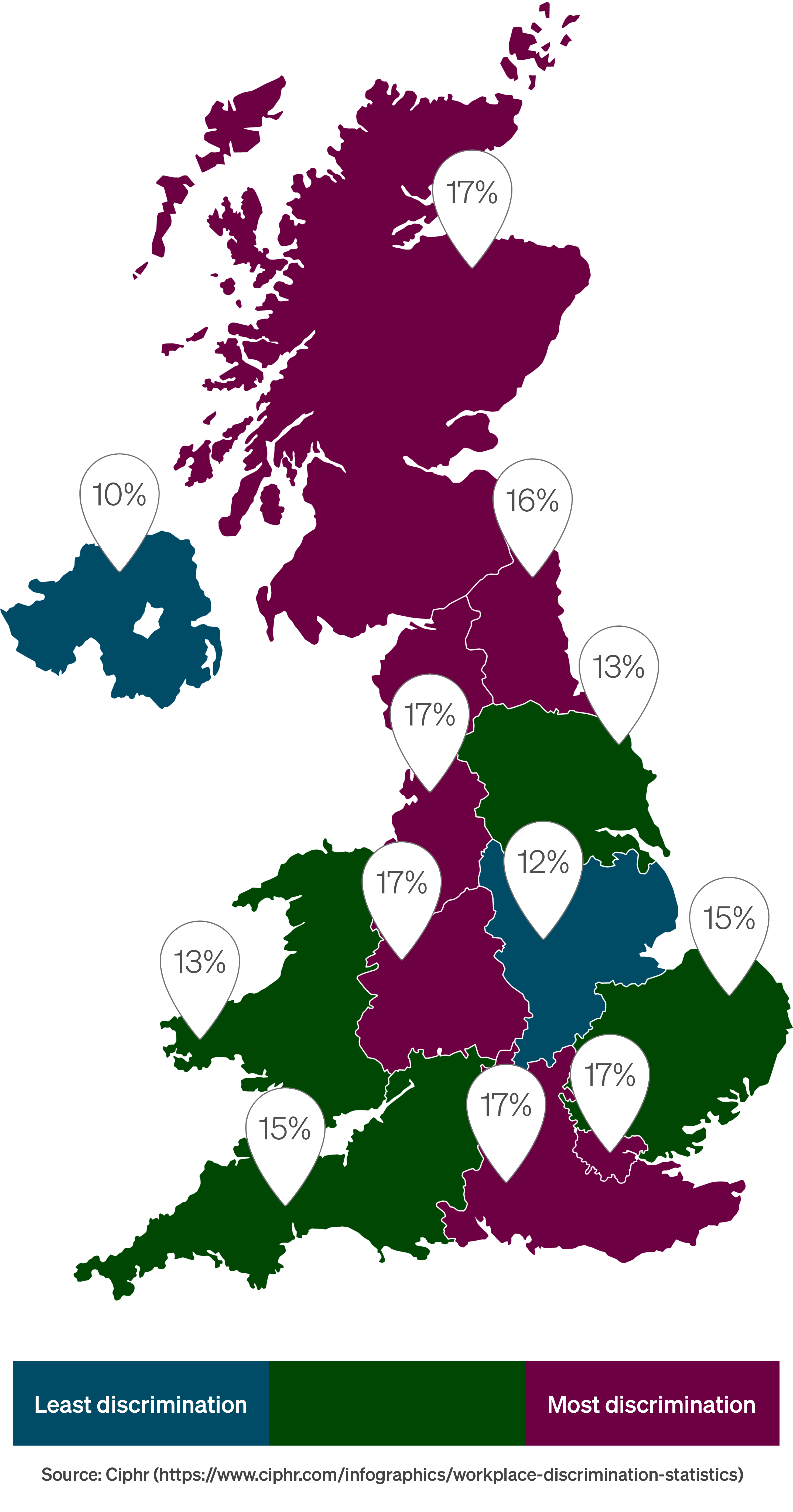 Map showing how job hunters' experience of age discrimination differs across the UK